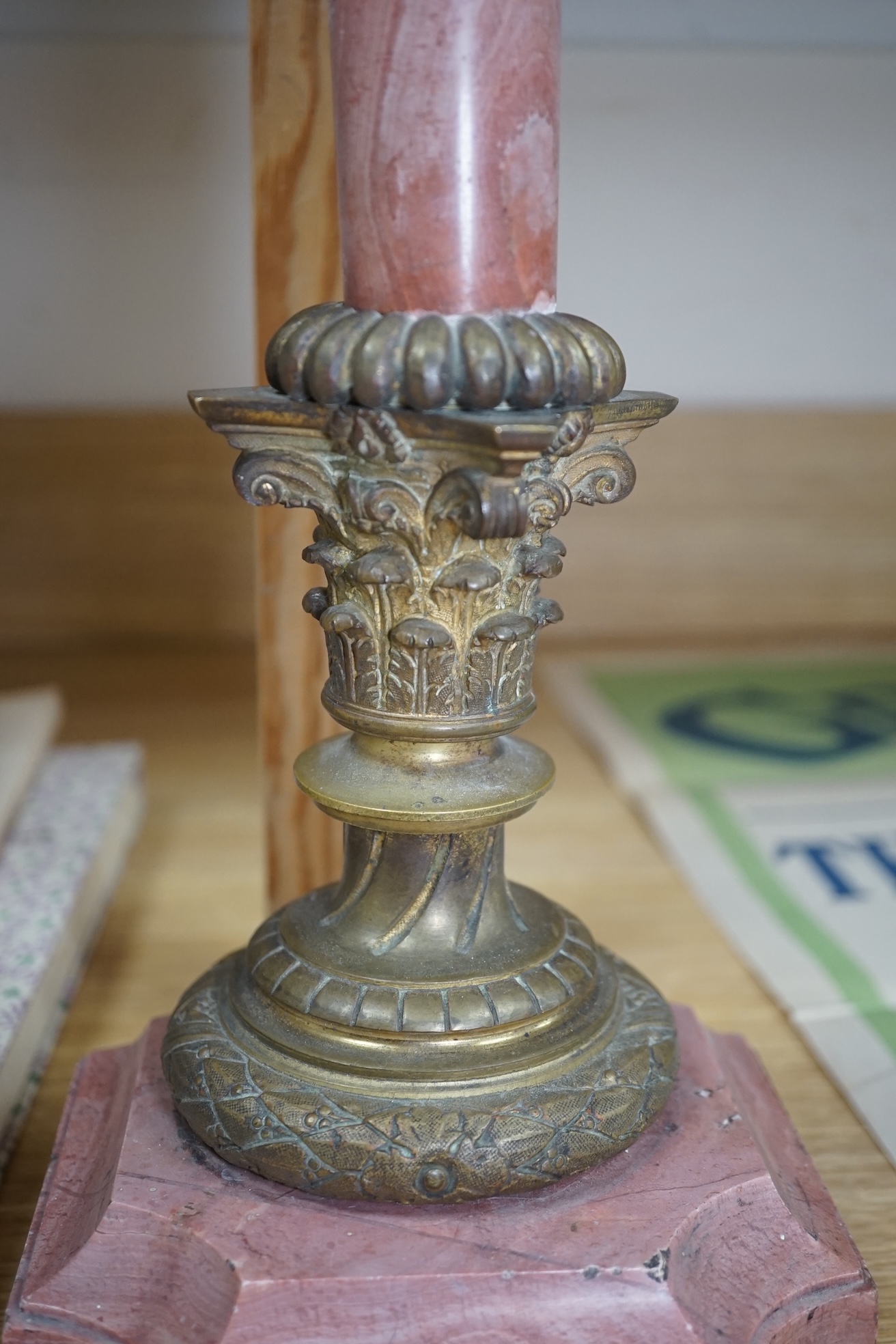 A Corinthian column rouge marble and bronze lamp base, 53cm high overall. Condition - fair